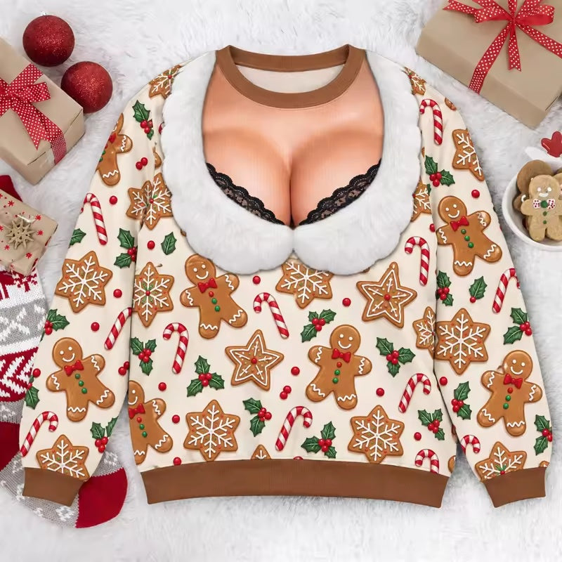 Gingerbread Spice Christmas sweater with gingerbread cookies and candy canes